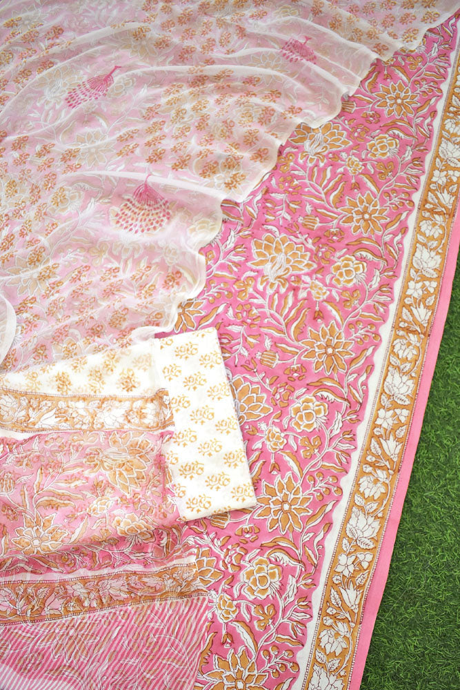 Hand Block Printed Cotton unstitched suit fabric with Chiffon dupatta