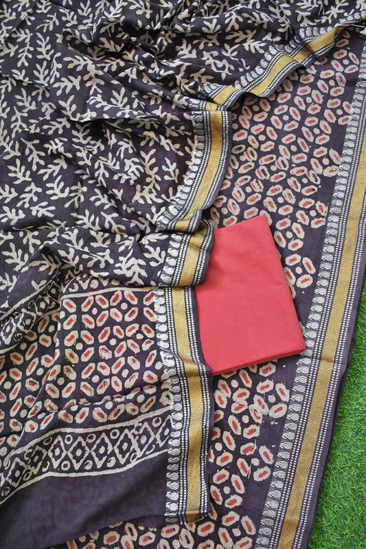 Beautiful Hand Block Printed Cotton unstitched suit fabric with Woven Borders Cotton dupatta