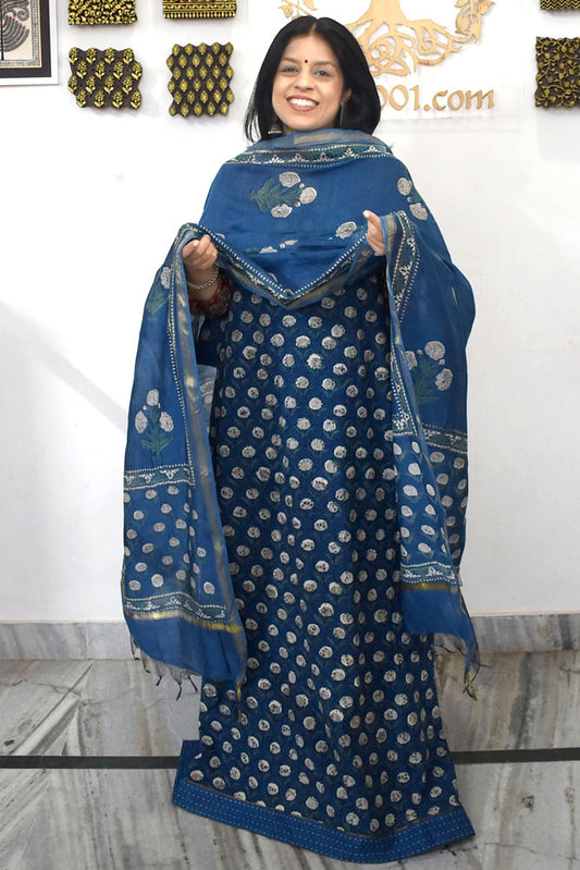 Elegant Hand Block print cotton suit with Schiffli work & Chanderi dupatta