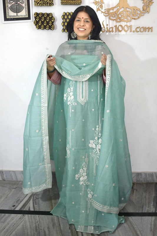 Gorgeous Mul Chanderi Kurta fabric & Dupatta set with embroidery