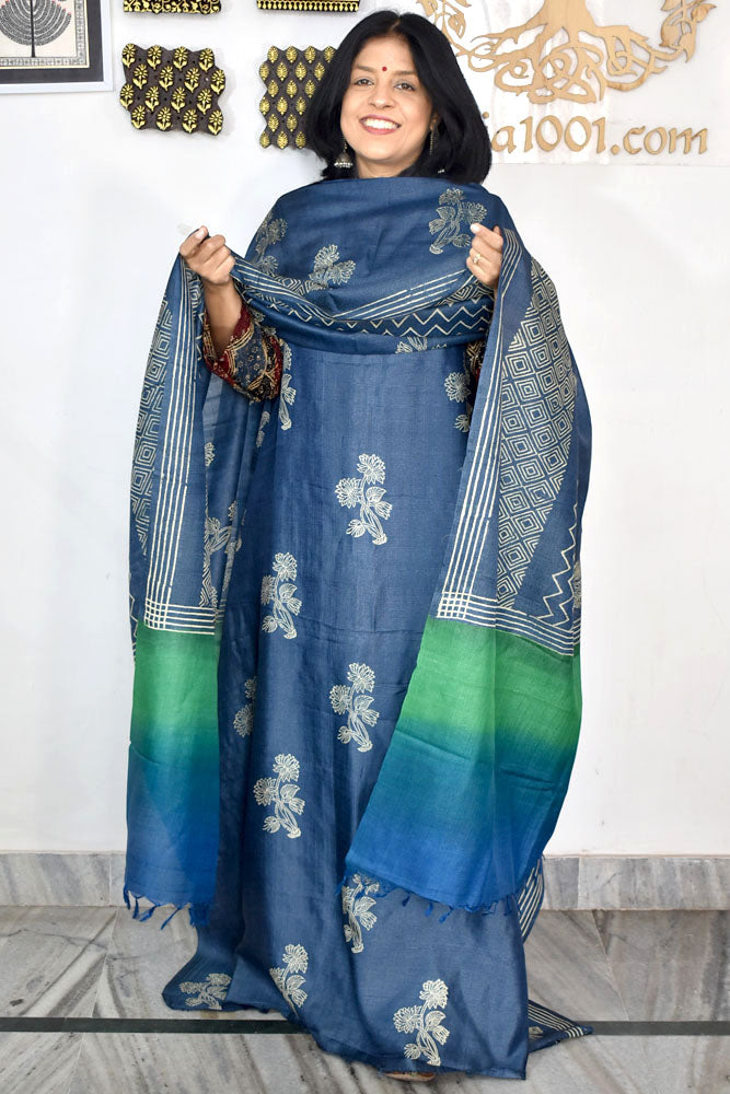 Beautiful Hand Block printed Tussar Silk Kurta Dupatta Set