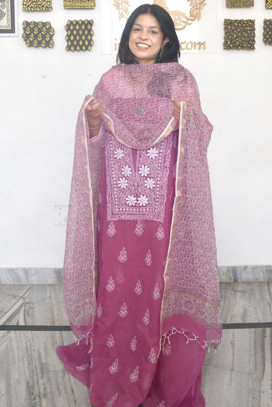 Elegant Lucknowi Chikankari Hand Embroidery work  & Block print Dupatta - 2 pc set