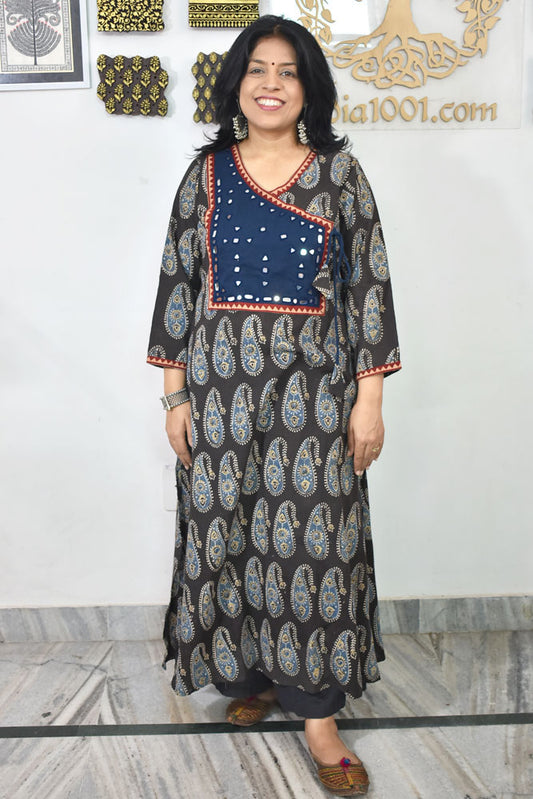 Designer Hand Block Printed Ajrakh cotton Kurta with Kutch Mirror work