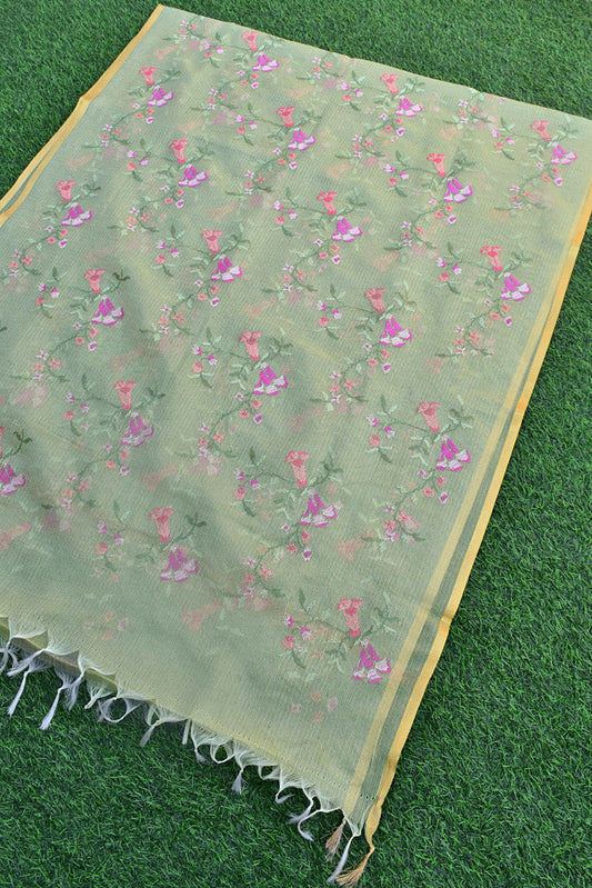Elegant Kota Tissue dupatta with All over Cross Stitch Embroidery - Lime Green