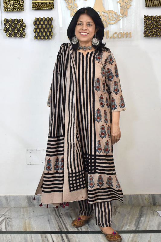Designer Hand Block print Ajrakh Cotton suit with Full width Cotton Dupatta  - Size 38 to 46