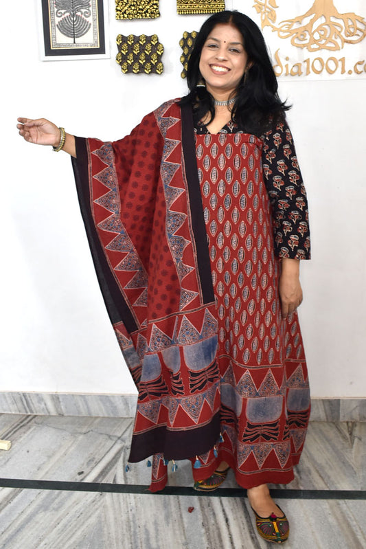 Designer Ajrakh Cotton kurta with Stole & Cotton Bottom - 3 piece set