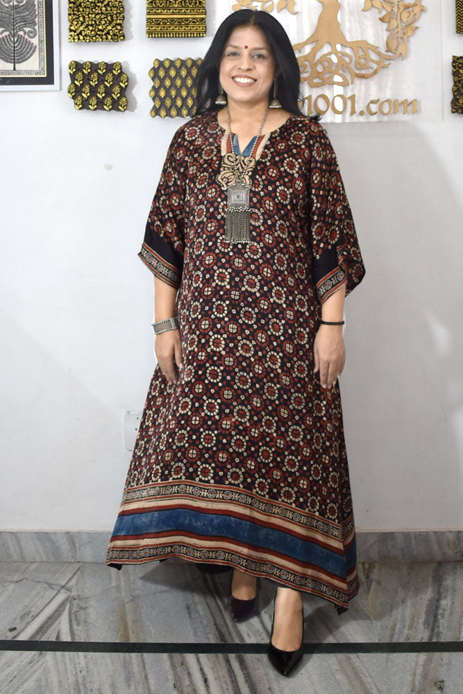 Beautiful Hand Block Printed Ajrakh Modal Silk Kaftan Kurta, Size 38 to 44