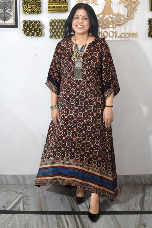 Beautiful Hand Block Printed Ajrakh Modal Silk Kaftan Kurta, Size 38 to 44