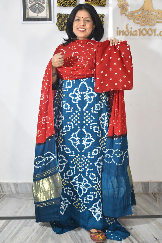 Tie & Dye Kutch Bandhani modal silk Unstitched Suit with Bandhani Bottom