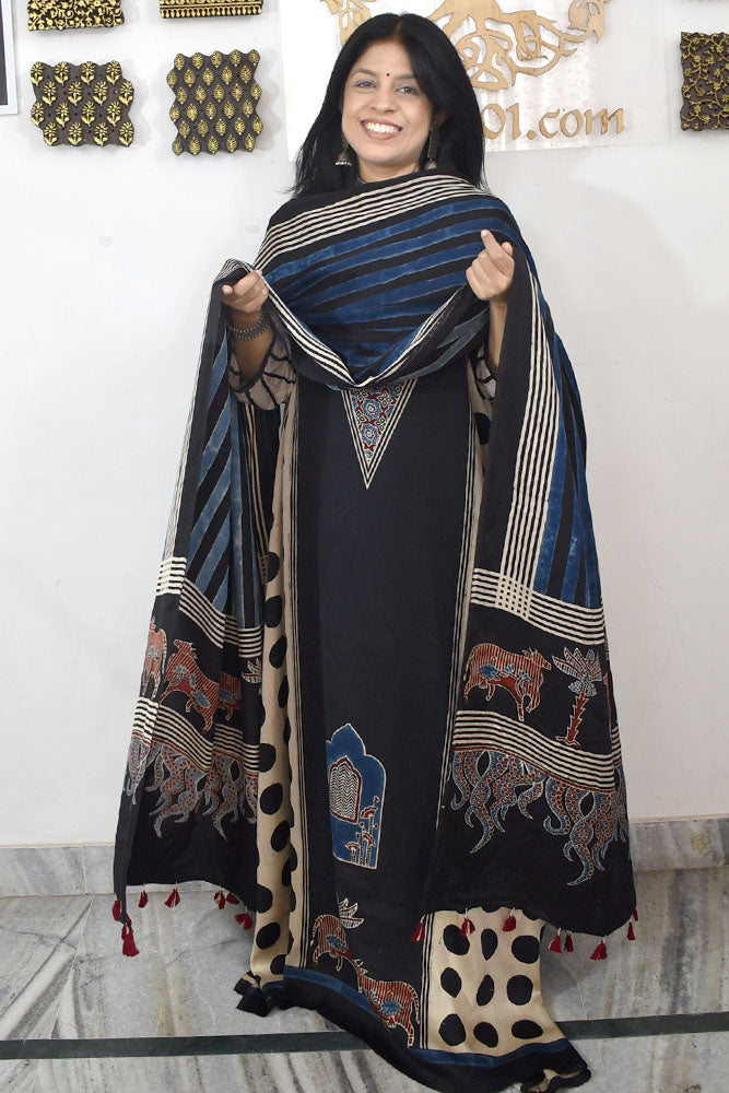 Designer Ajrakh Modal Silk Unstitched suit with  panel design & Ajrakh Dupatta- 2 piece set