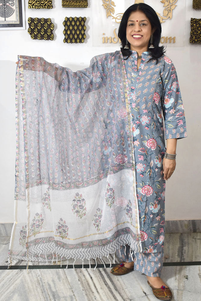 Hand Block Printed Cotton suit with Hand Embroidery - Kurta , Kota Dupatta & Pant - size 38, 40, 42, 44, 46, 48,50