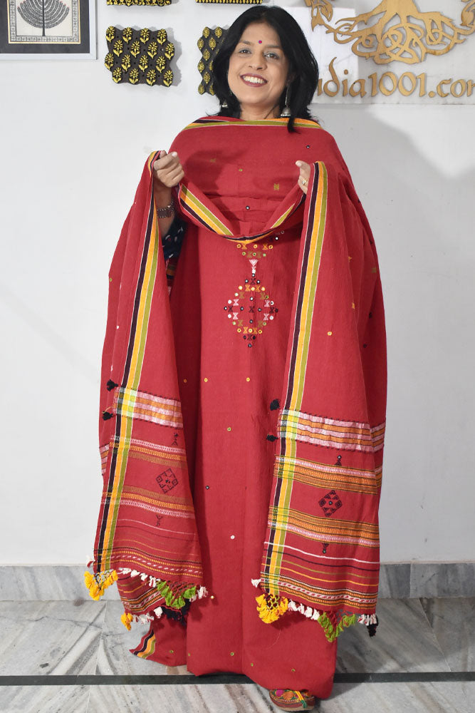 Premium Handwoven Kala Cotton Bhujodi suits with Mirror and Miri work - 3 pc set