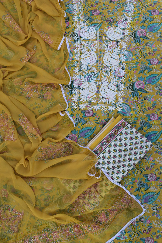 Beautiful Soft Cotton Unstitched Suit Fabric with Embroidery work, Lace Detailing & Chiffon dupatta