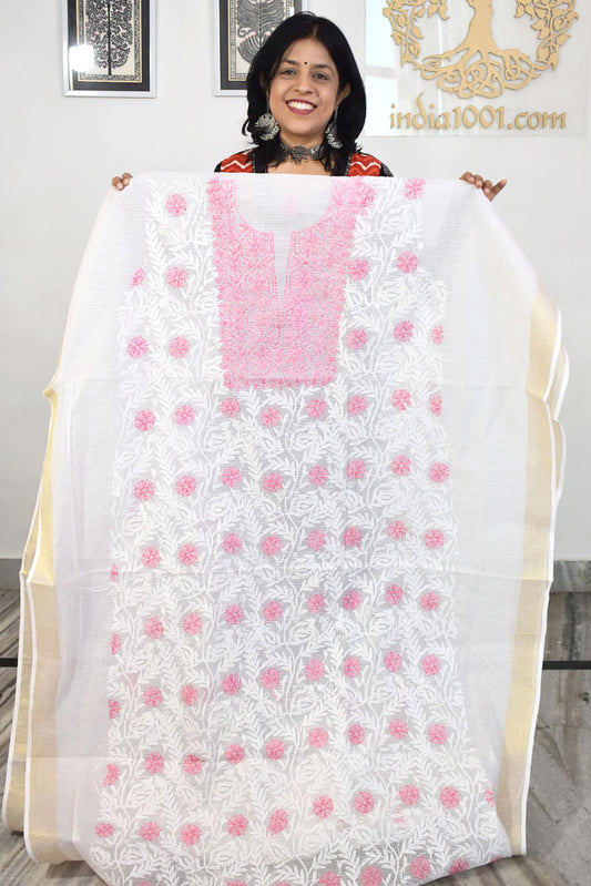 Designer Hand Embroidered Chikankari Tepchi work Kota Doria fabric