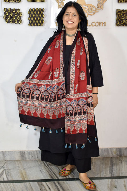 Beautiful Hand Block Printed Ajrakh Modal Silk stole with Tassels