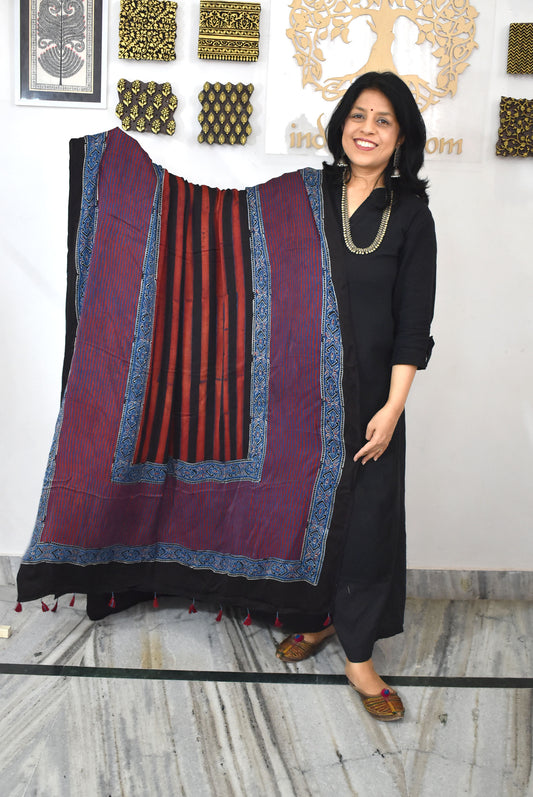 Designer Modal Silk Ajrakh Block Print Dupatta with tassels