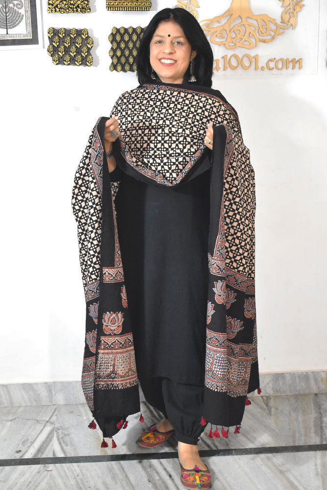 Ajrakh Hand Block Printed Cotton Dupatta with Tassels & natural dyes