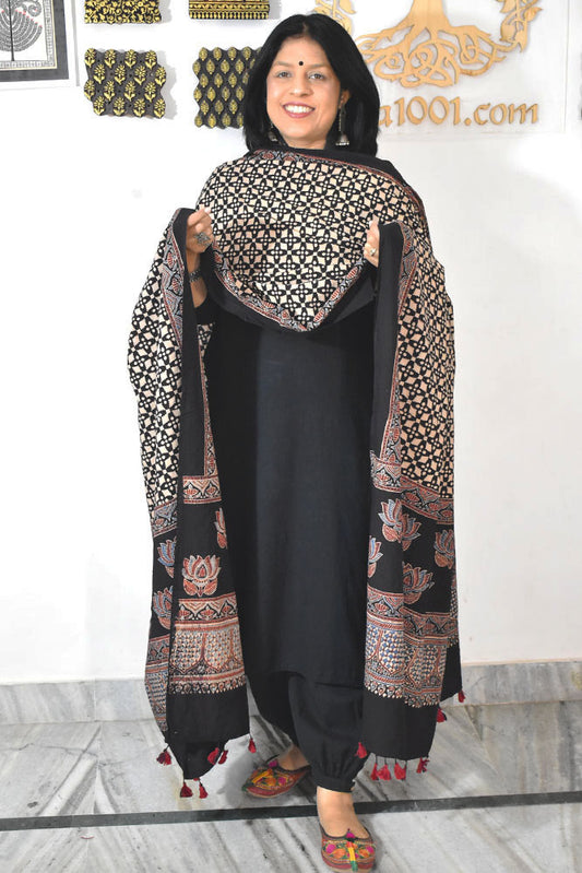 Ajrakh Hand Block Printed Cotton Dupatta with Tassels & natural dyes