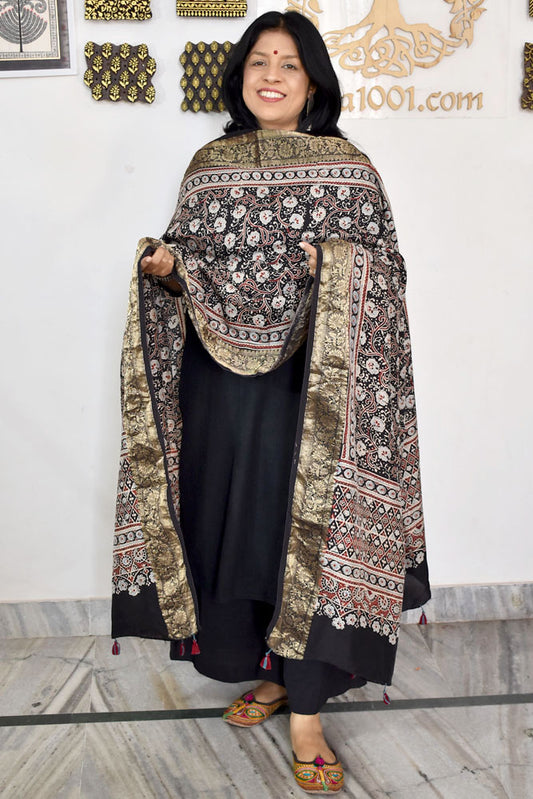 Beautiful Ajrakh Dola Silk Hand Block Print  Dupatta with Tassels