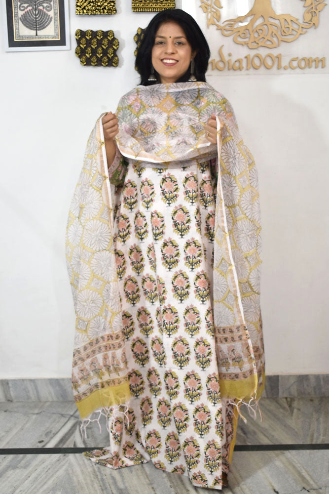 Beautiful Hand Block Printed Cotton unstitched suit fabric with Kota Doria Dupatta