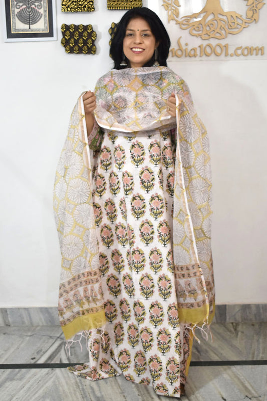 Beautiful Hand Block Printed Cotton unstitched suit fabric with Kota Doria Dupatta