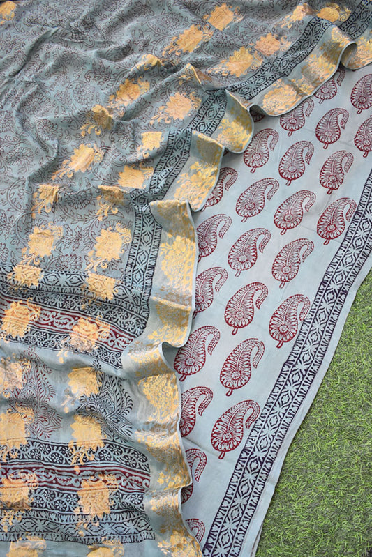 Bagh Hand Block Printed unstitched Crepe suit fabric With Banarasi Dupatta