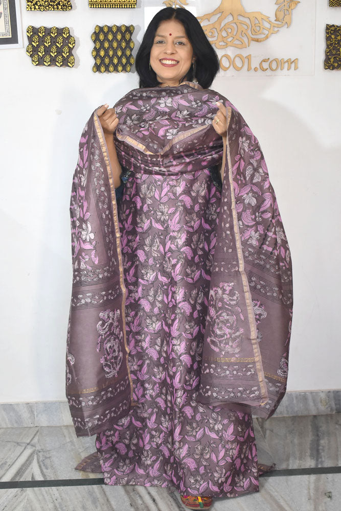 Beautiful Hand Block Printed Vanaspati Ajrakh Maheshwari Silk Cotton Unstitched suit fabric - 3 pc set