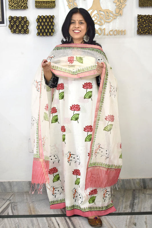 Designer Hand Block Placement Print Cotton suit with Chanderi dupatta and panel design