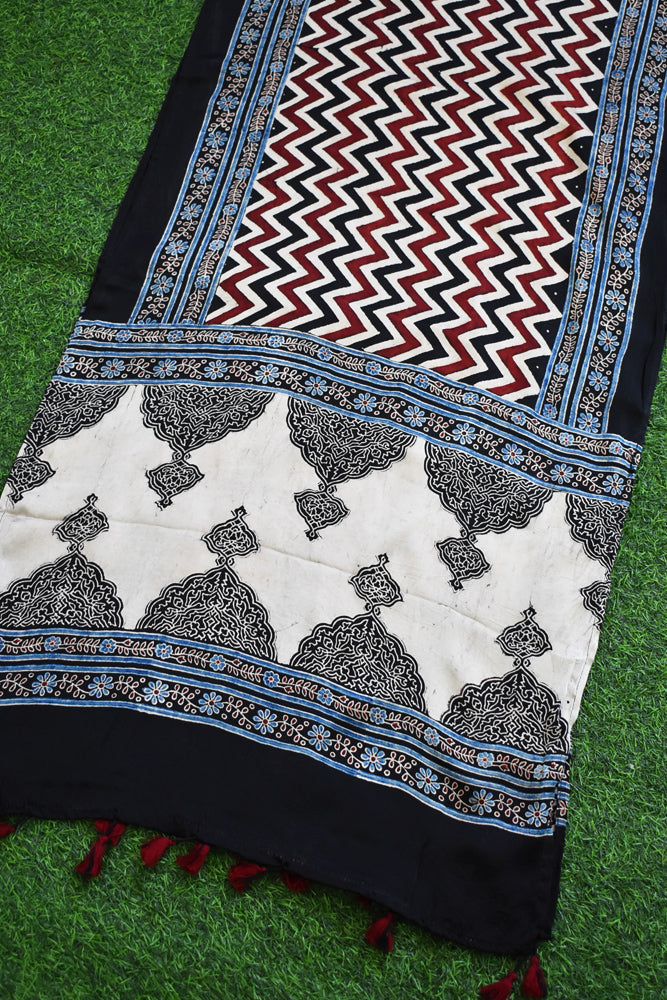 Beautiful Hand Block Printed Ajrakh Modal Silk stole with Tassels