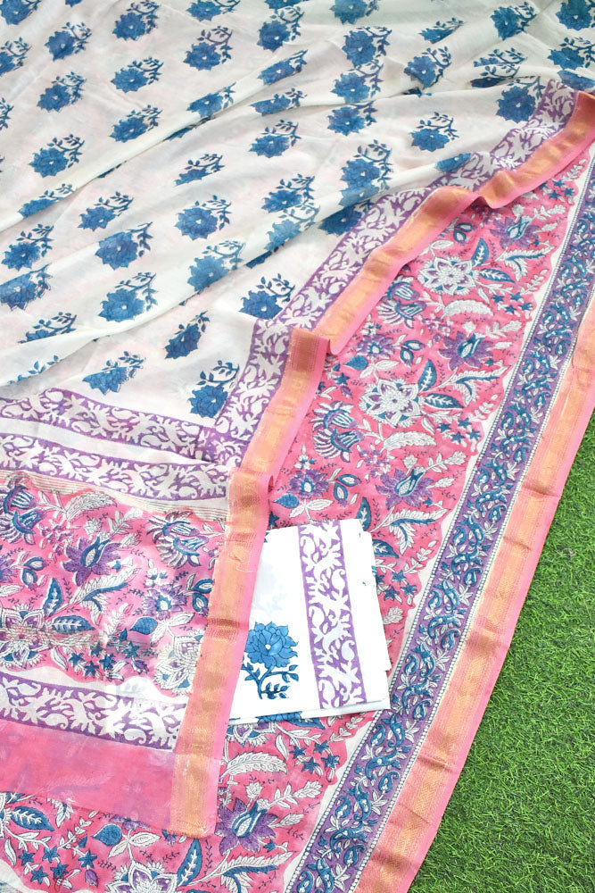 Elegant Sanganer Hand Block Printed Maheshwari Unstitched suit fabric