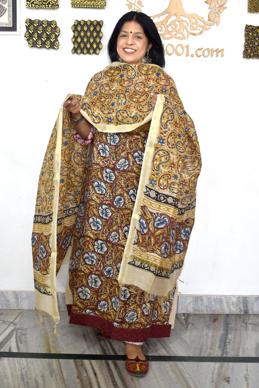 Elegant Hand Block print cotton suit with Schiffli work & Chanderi dupatta