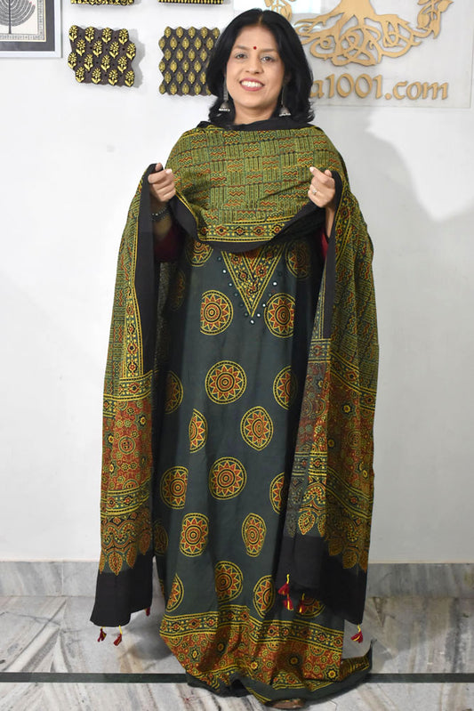 Designer Ajrakh Cotton kurta with  panel design & Mirror work & Cotton dupatta - 3 piece set