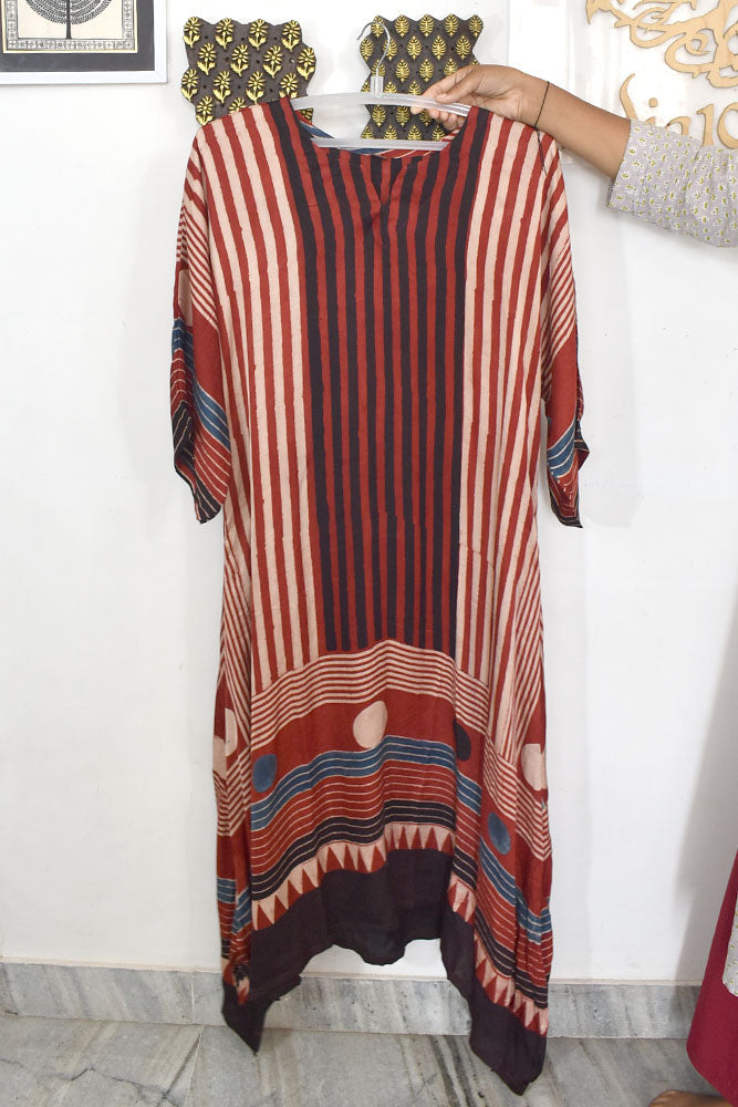 Beautiful Hand Block Printed Ajrakh Modal Silk Kaftan Kurta, Size 40 to 44