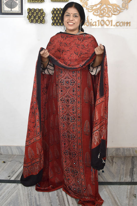 Designer Ajrakh Modal Silk Unstitched suit with  Mirror Work, Ajrakh Dupatta & Bottom- 3 piece set