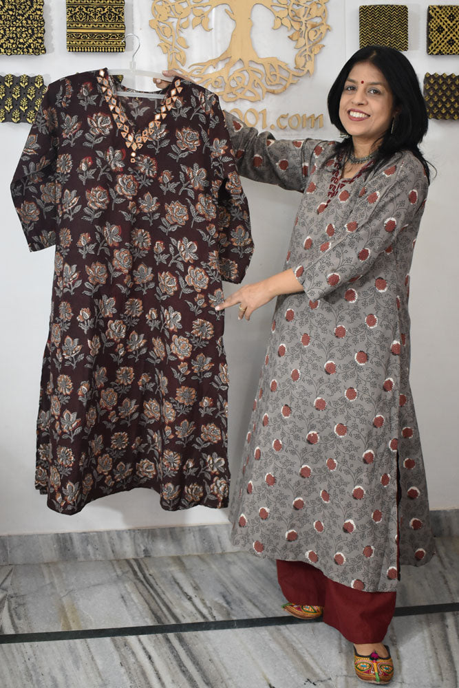 Beautiful Hand Block Printed Vanaspati Ajrakh Cotton kurta with Kutch Mirror work , Size 40 to 44