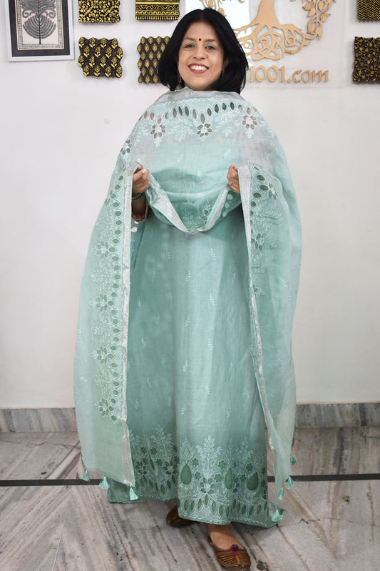 Beautiful Pure Linen suit with intricate embroidery on the kurta &amp; dupatta and cotton silk bottom