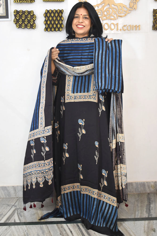 Designer Ajrakh Modal Silk Unstitched suit with  panel design, Ajrakh Dupatta & Bottom- 3 piece set