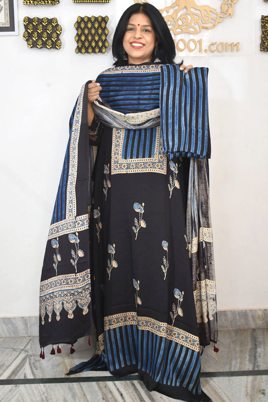 Designer Ajrakh Modal Silk Unstitched suit with  panel design, Ajrakh Dupatta & Bottom- 3 piece set