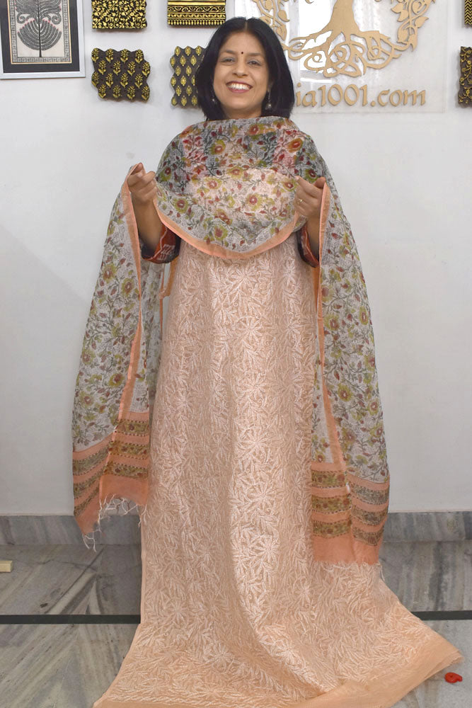 Elegant Lucknowi Hand Embroidered Tepchi work  & Block print Unstitched Suit