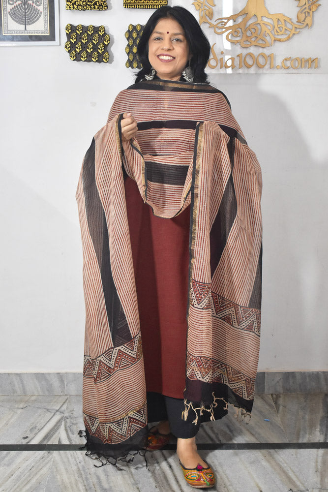 Hand Block Printed Kota Doria Cotton Dupatta with zari border