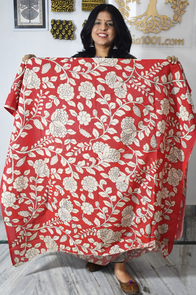 Beautiful Hand Painted Pen Kalamkari  Bangalore Silk Fabric - 2.5 mtrs cut