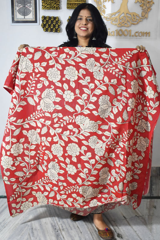 Beautiful Hand Painted Pen Kalamkari  Bangalore Silk Fabric - 2.5 mtrs cut