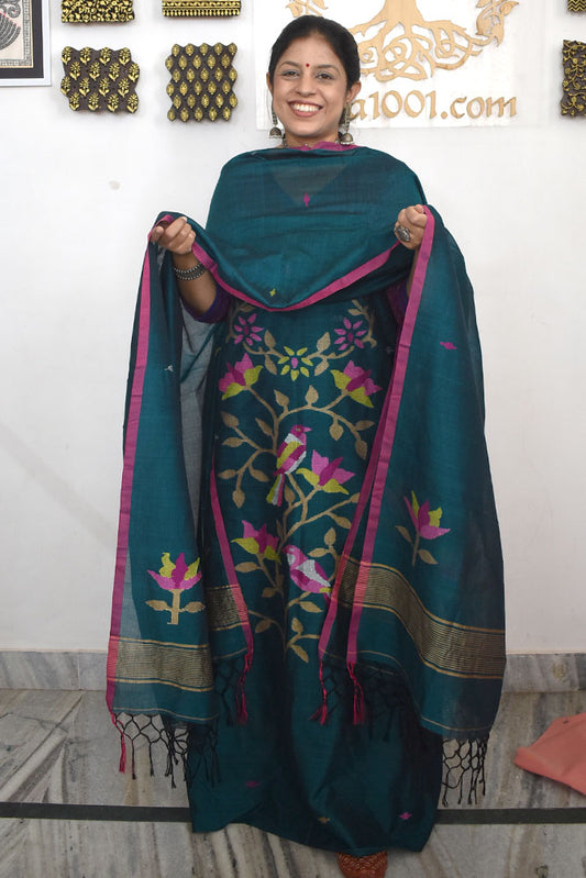 Kalakriti : Beautiful Hand Woven Soft Cotton Needle Jamdani Kurta Fabric & Dupatta set
