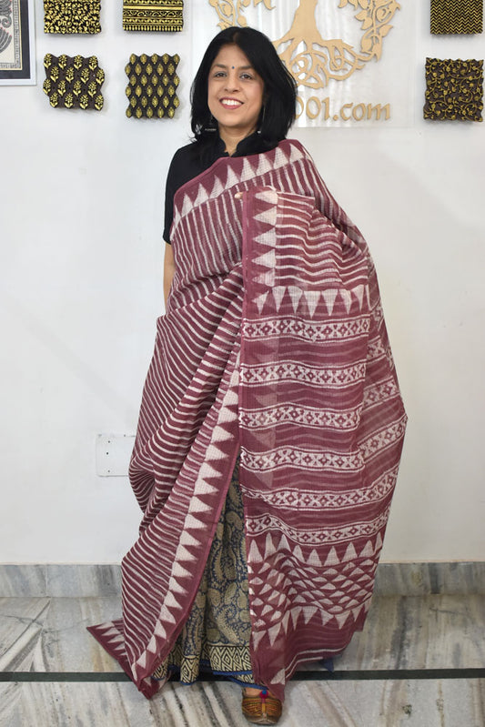Beautiful Hand Block Printed Kota cotton Saree with zari border