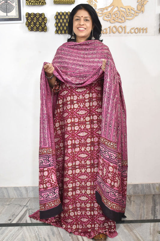 Hand Block Printed Muslin unstitched suit fabric with cotton bottom