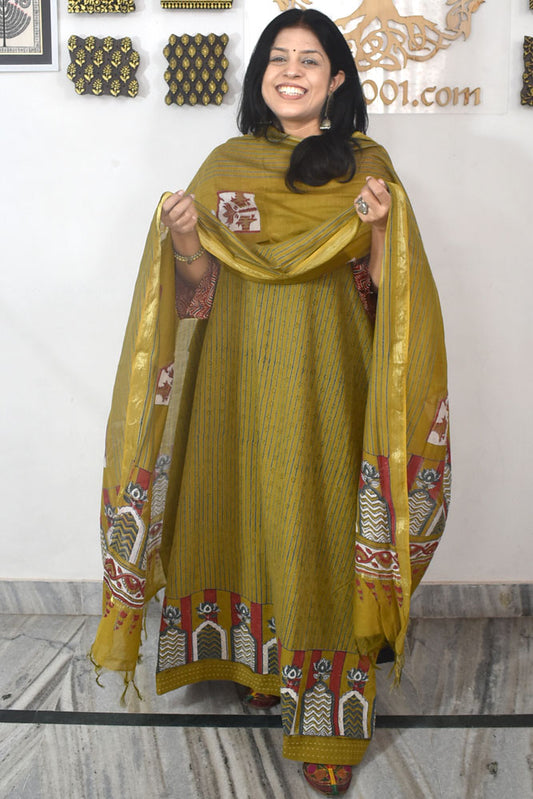 Elegant Hand Block print cotton suit with Schiffli work & Chanderi dupatta
