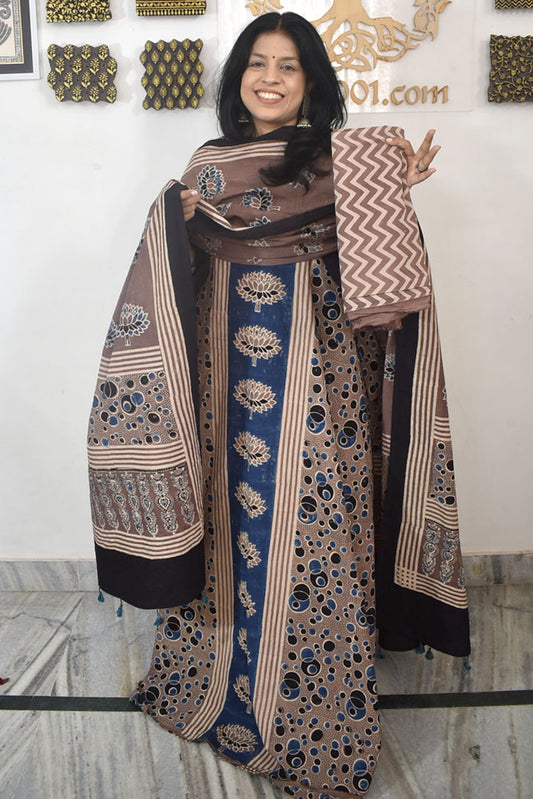 Designer Ajrakh Cotton kurta with  panel design & Cotton dupatta - 3 piece set