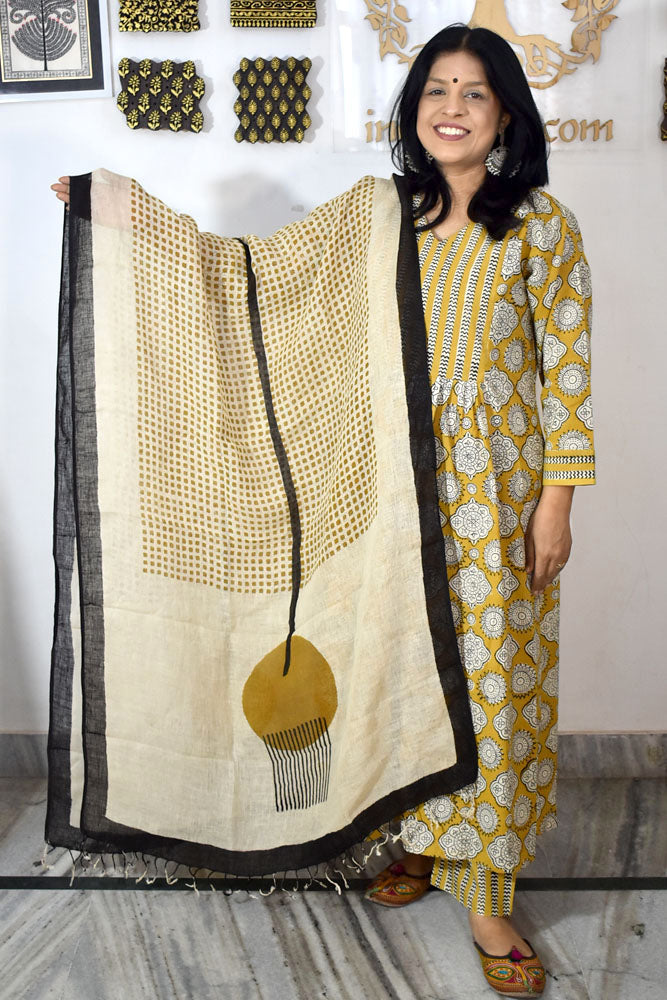 Elegant Hand Block Printed Pure Linen dupatta