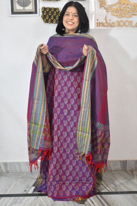 Beautiful Handwoven Chettinad & Narayanpet Cotton suit with Hand block print Dupatta