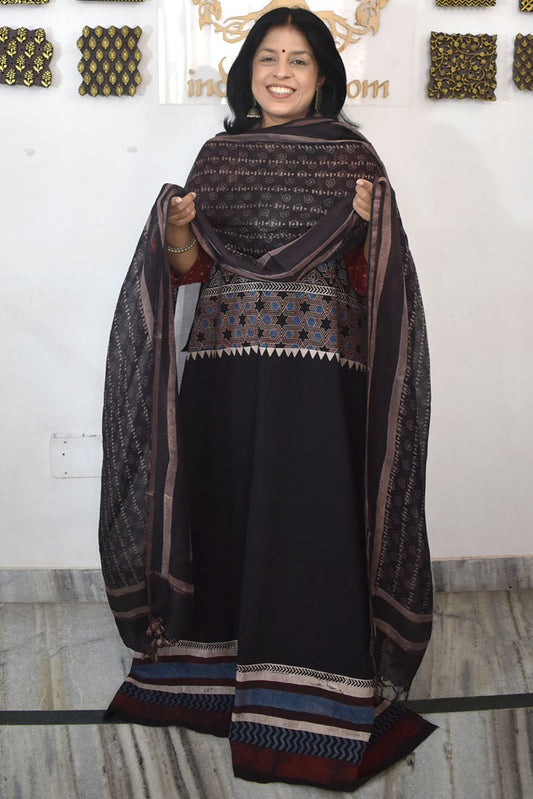 Designer Ajrakh Cotton Unstitched suit with Kota Silk Dupatta & Cotton Bottom - 3 piece set